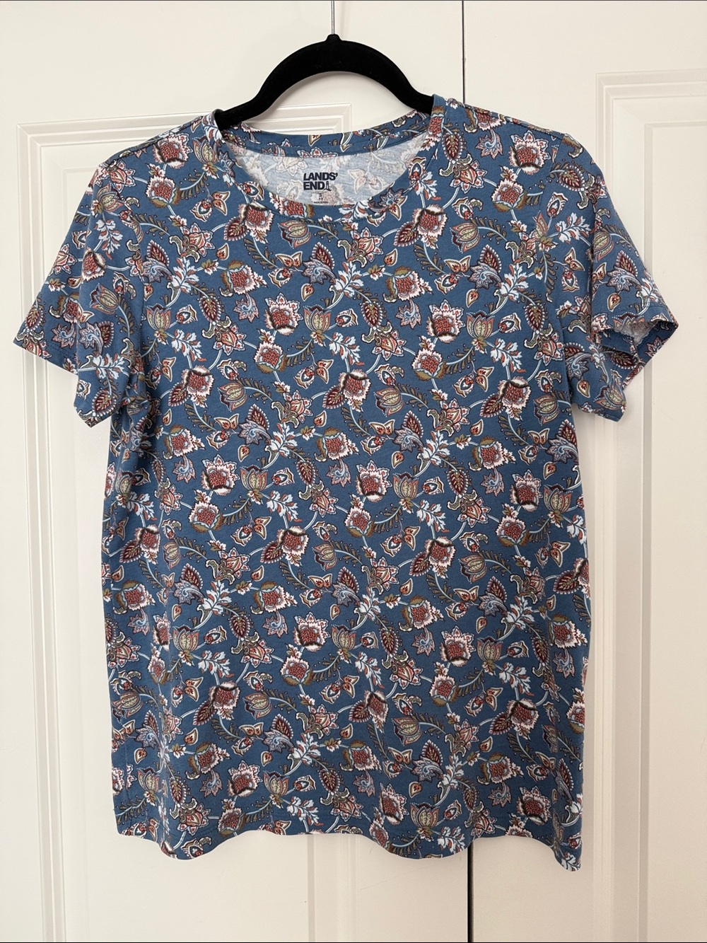 Lands' End Blue Paisley Floral Short Sleeve Tee with Rust Accents